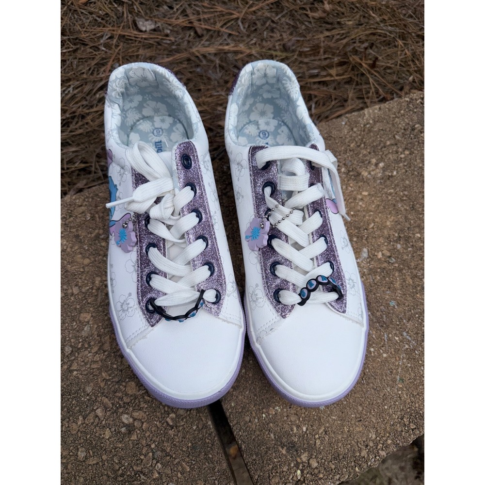 Disney Ground Up Lilo & Stitch White Purple Glitter Floral Sneakers Womens 9